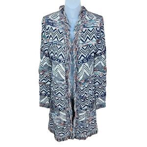 Altar’D State Cardigan Aztec Blue Black Orange Tan Multi Fringe Hemline Medium